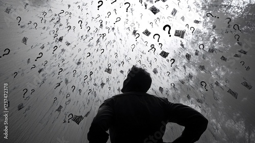 Man overwhelmed by questions, outdoors, sunlight, uncertainty.  Conceptual image for anxiety