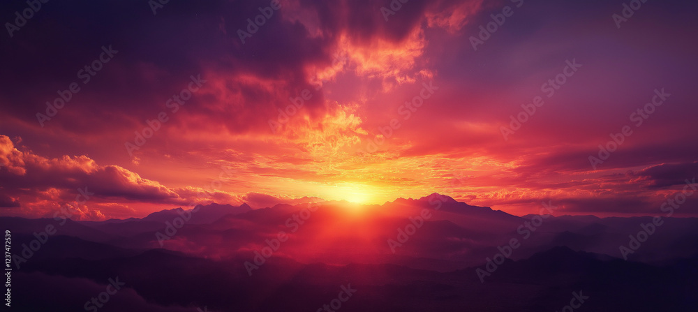 Fototapeta premium Amazing mountain landscape with colorful vivid sunset on the bright sky, natural outdoor travel background