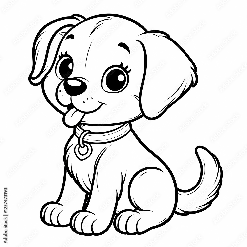 Cute dog sketch with big round eyes and simple collar for children's coloring book Cute dog sketch with big round eyes and simple collar for children's coloring book