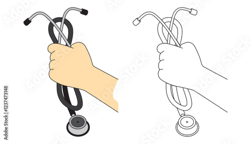 Doctor's Hand Holding A Stethoscope Up.
Concept Of Medicine, First Aid, Medical Education. Line Art, Vector Illustration. 