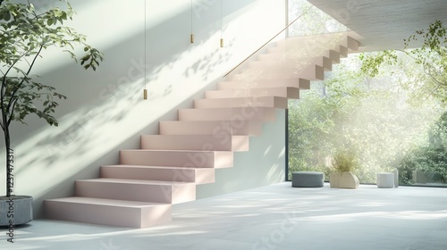 Watercolor Stairs with Pastel Pink and Soft Grey Tones in a Modern Home photo