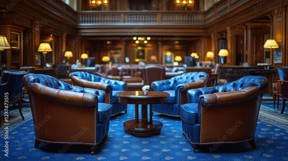 Fototapeta premium Elegant Lounge Interior: Luxurious Leather Armchairs in a Grand Hall
