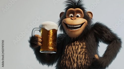 A cartoon monkey holding a large beer mug, smiling with a goofy expression. photo