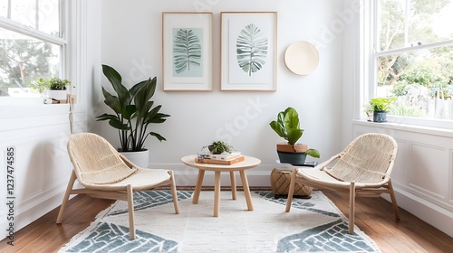 Serene Living Room With Rattan Chairs And Plants