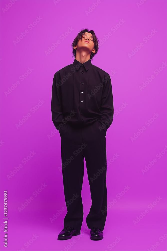 Man in black shirt and pants posing against a purple background Man in black shirt and pants posing against a purple background