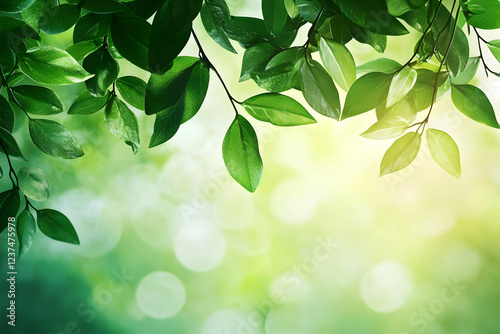 Vibrant green leaves and bokeh background natural sunlight filtering through foliage perfect for eco