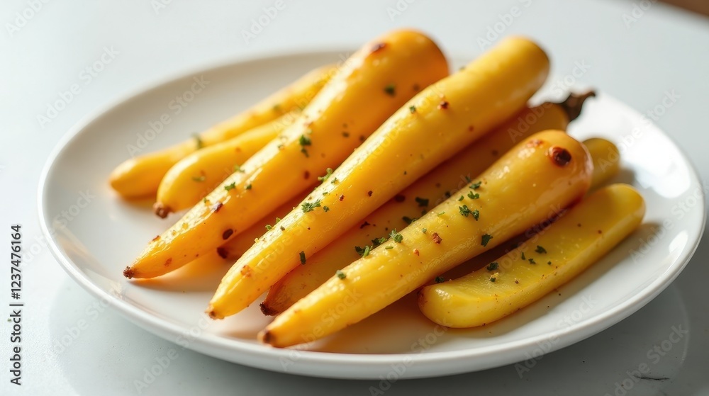 Aromatic Roasted Yellow Carrots Seasoned with Fresh Herbs on a White Plate Aromatic Roasted Yellow Carrots Seasoned with Fresh Herbs on a White Plate