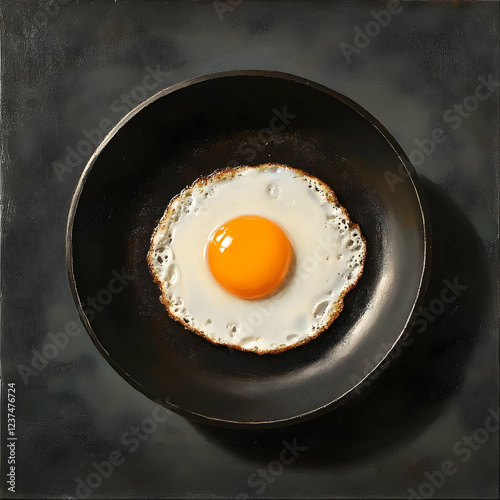 Fried egg in a black pan close-up overhead view simple breakfast food for culinary use