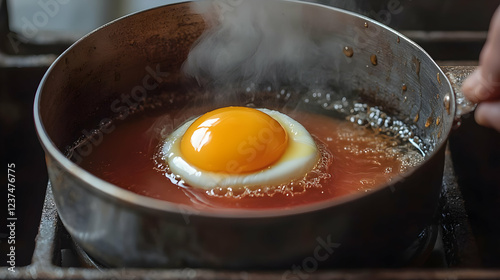 Fried egg cooking in tomato sauce in a pan breakfast preparation healthy food concept