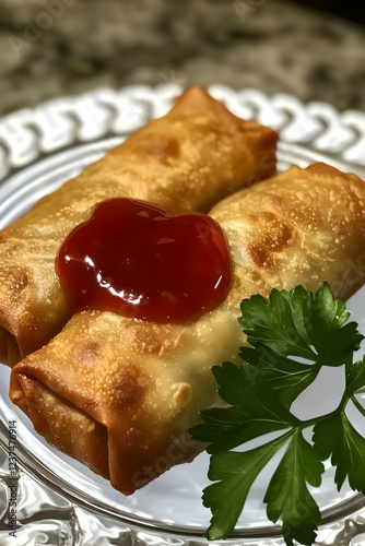 Golden fried egg rolls with ketchup and parsley delicious appetizer on a decorative plate perfect fo