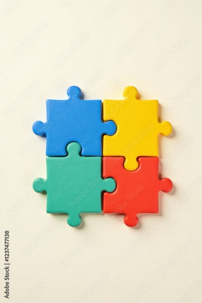 Fototapeta premium A vibrant quartet of interlocking puzzle pieces, symbolizing unity, collaboration, and the synergistic power of teamwork, displayed against a neutral backdrop