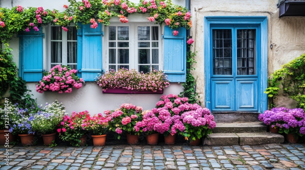 Naklejka premium A colorful array of flowers arranged around a cobblestone courtyard, with a French-style home in the backdrop.