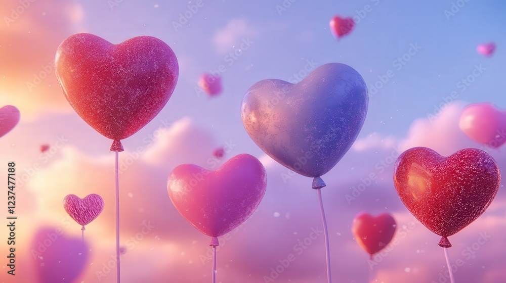 Valentine Day scene with heart-shaped balloons in bold colors drifting among floating hearts in a pink-hued sky. Valentine Day scene with heart-shaped balloons in bold colors drifting among floating hearts in a pink-hued sky.