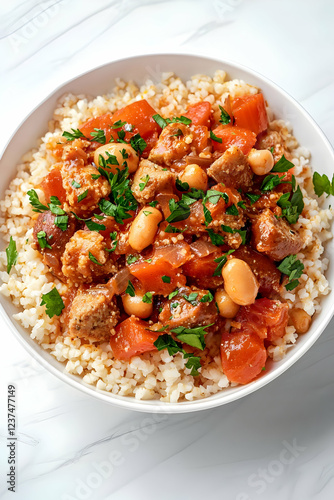 Hearty stew with meat beans and tomatoes served over fluffy couscous a delicious and healthy meal fo