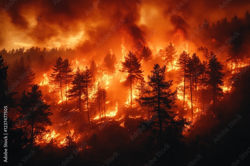 Intense forest fire engulfing trees under smoky skies Intense forest fire engulfing trees under smoky skies