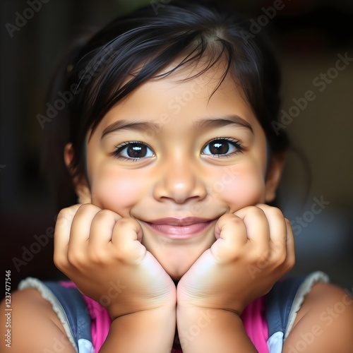 Cara linda de una niña hispana de 10 años sosteniendo su barbilla con ambas manos photo