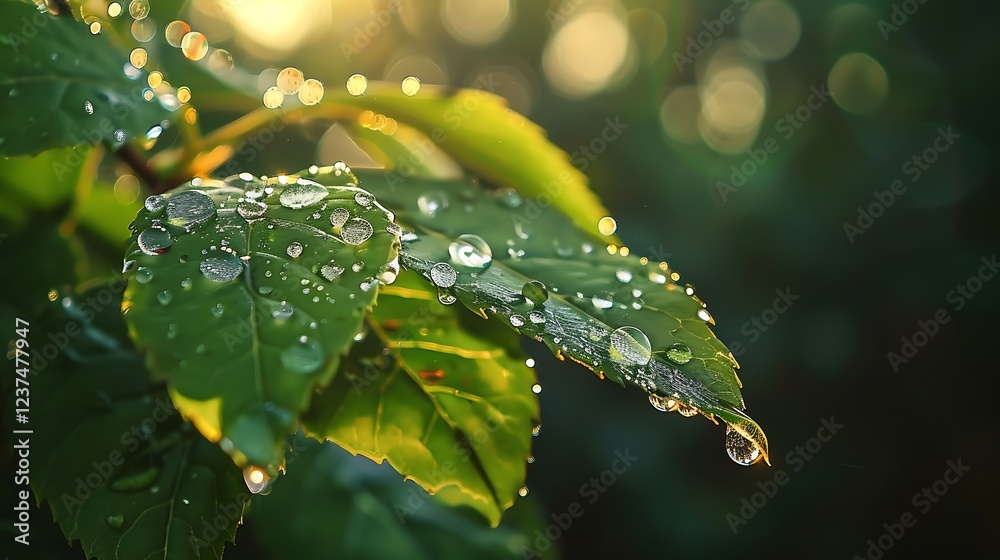 Green leaf with dew drops in the morning. Nature background Green leaf with dew drops in the morning. Nature background