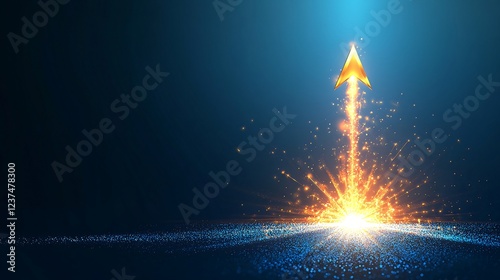Golden arrow launching, upward trajectory, dark blue background, success concept, business growth