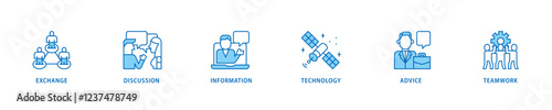 Communication icon set flow process which consists of exchange, discussion, information, technology, advice, and teamwork icon live stroke and easy to edit .