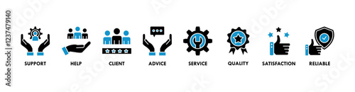 Customer care banner web icon vector illustration concept for customer support and telemarketing service with an icon of help, client, advice, chat, service, reliability, quality, and satisfaction