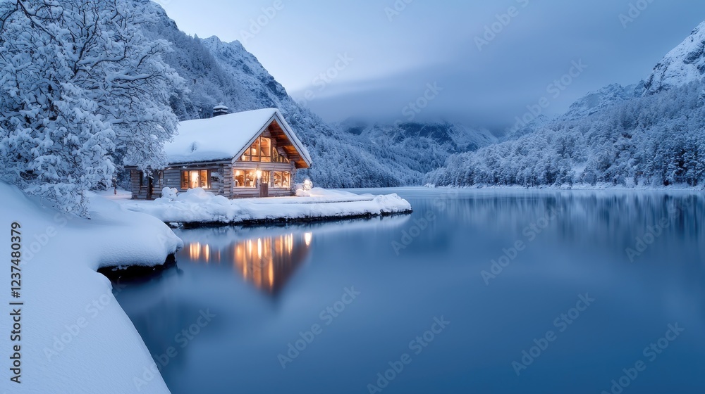 Obraz premium Lakeside cabin winter evening, snowy mountains, calm water, tranquil scene, postcard