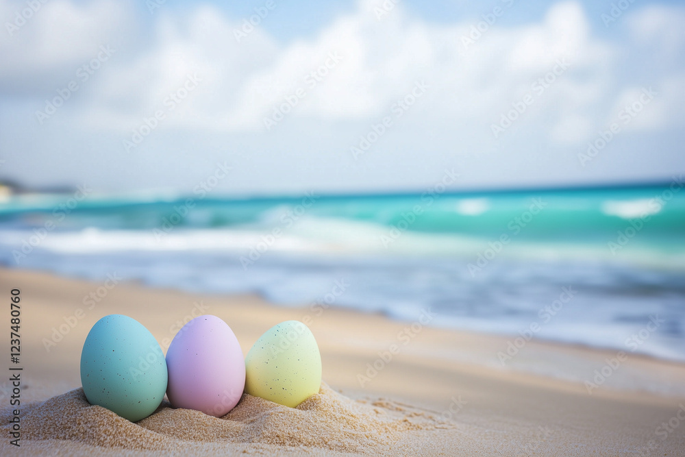 easter egg with tropical beach with pink sand and blue sky
