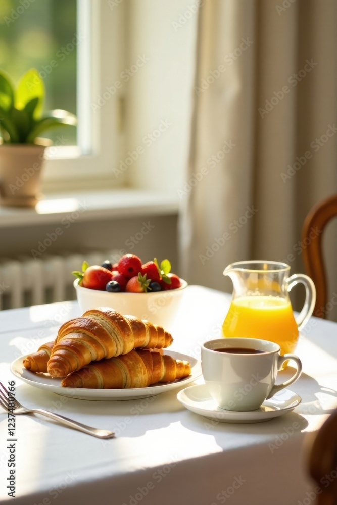 Sunlit Morning Table Setting with Croissants, Berries, and Orange Juice Sunlit Morning Table Setting with Croissants, Berries, and Orange Juice