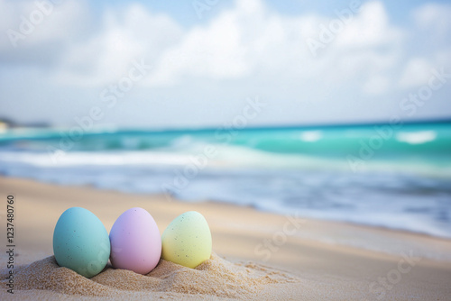Obraz na płótnie easter egg with tropical beach with pink sand and blue sky w salonie