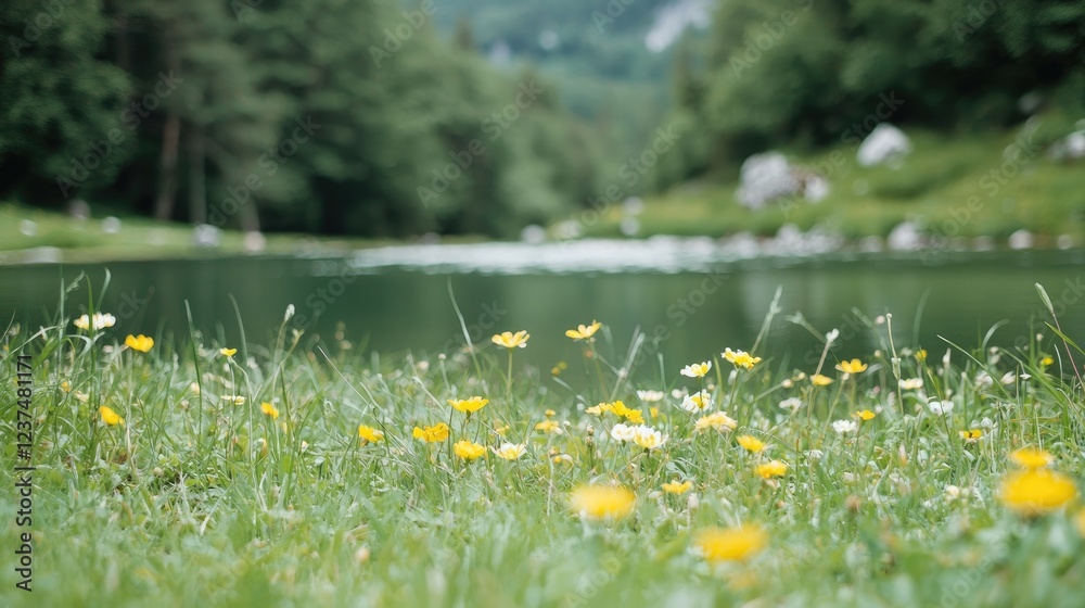 Fototapeta premium Alpine lake wildflowers summer tranquil nature