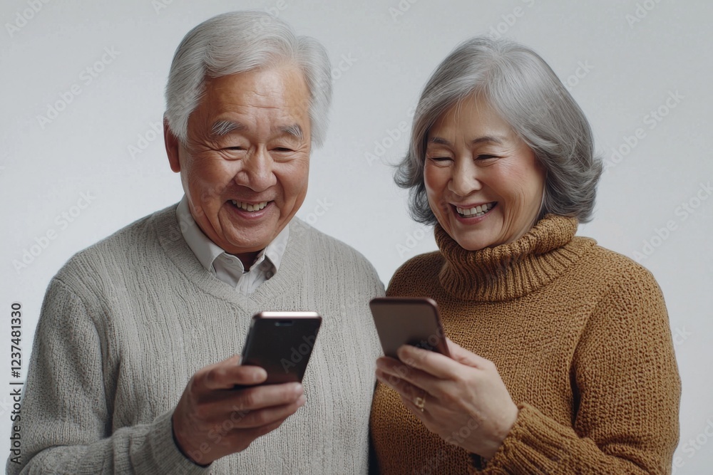 Happy Senior Couple Using Smartphone, Elderly Technology & Digital Connection Happy Senior Couple Using Smartphone, Elderly Technology & Digital Connection