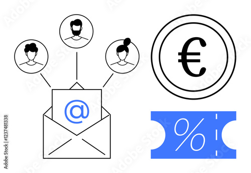 Email with at symbol connects three avatars, European currency euro sign, blue discount coupon. Ideal for digital communication, marketing campaigns, customer outreach, promotions, online services