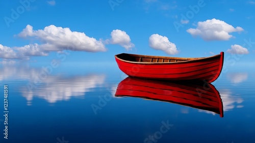 Solitude on the Water: A vibrant red rowboat rests serenely on a tranquil body of water, its reflection mirrored perfectly in the glassy surface. The sky above is a canvas of azure blue.