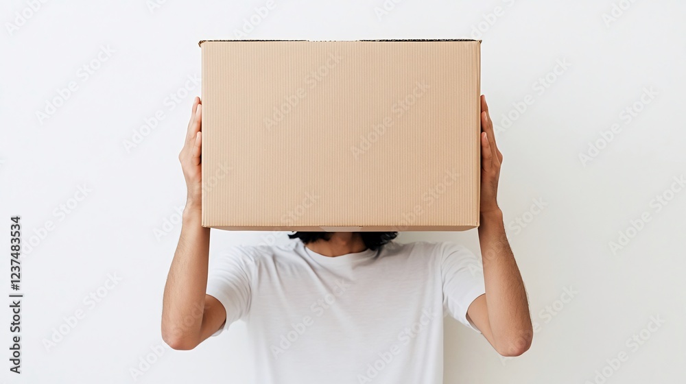 Person hiding face with cardboard box, white background, anonymity concept, website illustration Person hiding face with cardboard box, white background, anonymity concept, website illustration