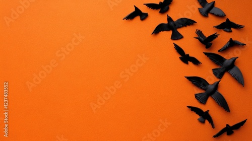 Halloween Crows on Orange: A flock of black crows arranged artfully on an orange background, creating a spooky yet stylish Halloween-themed design perfect for invitations, cards, or social media. photo