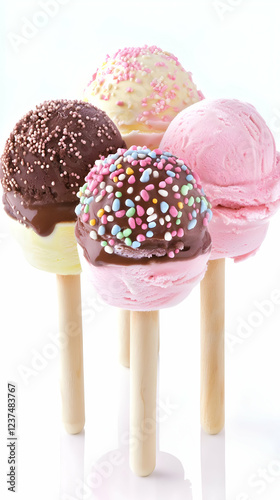 Assortment of colorful ice cream scoops on sticks, decorated with chocolate and sprinkles, against a white background.