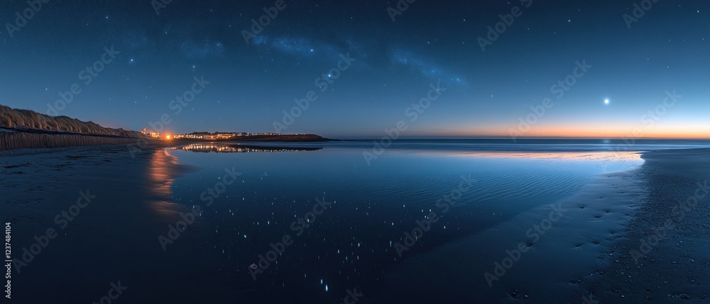 Serene twilight beach scene with stars and distant city lights Serene twilight beach scene with stars and distant city lights