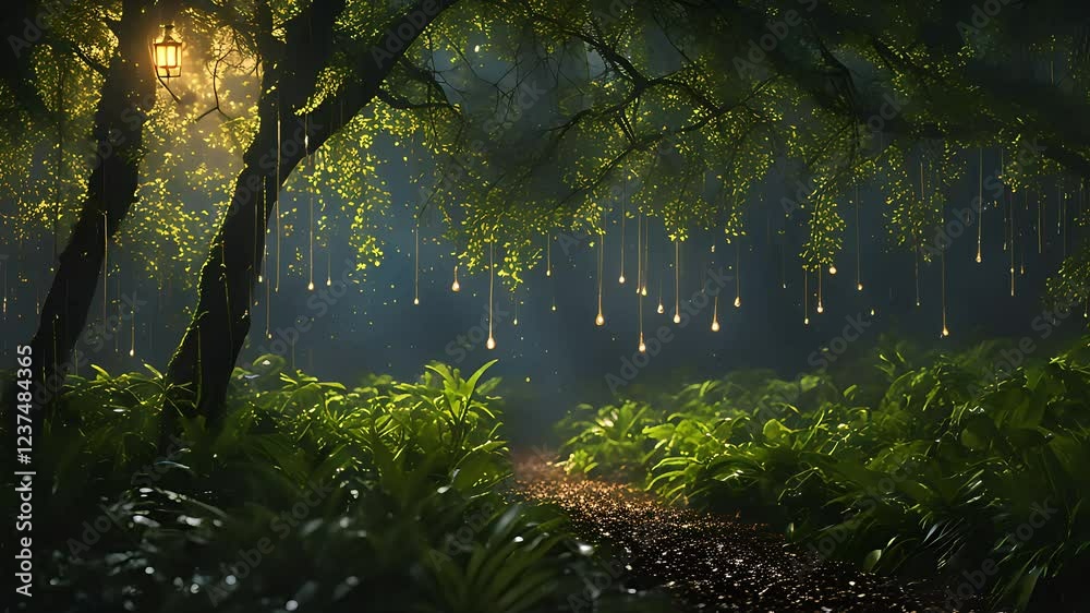 Magical Forest Path at Night with Glowing Lights Magical Forest Path at Night with Glowing Lights