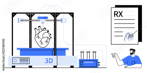 3D printer creating human heart model, doctor explaining, laboratory equipment, prescription. Ideal for medical innovation, healthcare, biotechnology, 3D printing, organ transplantation futuristic