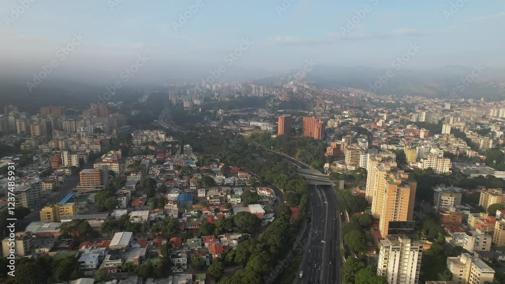 Caracas highway at dawn, los chaguaramos, calm urban landscape , aerial view