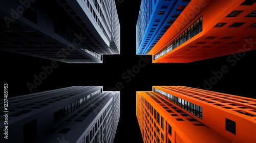 Urban Crossroads: Four skyscrapers in vibrant orange, blue, and gray, rise towards the heavens, creating a striking geometric pattern against a dramatic black night sky. photo