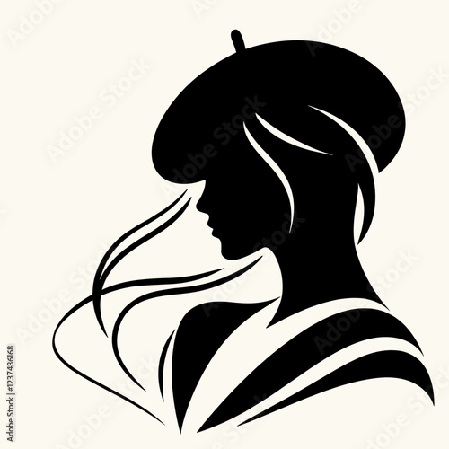 Stylish silhouette of a young woman with flowing hair wearing a beret on a light background