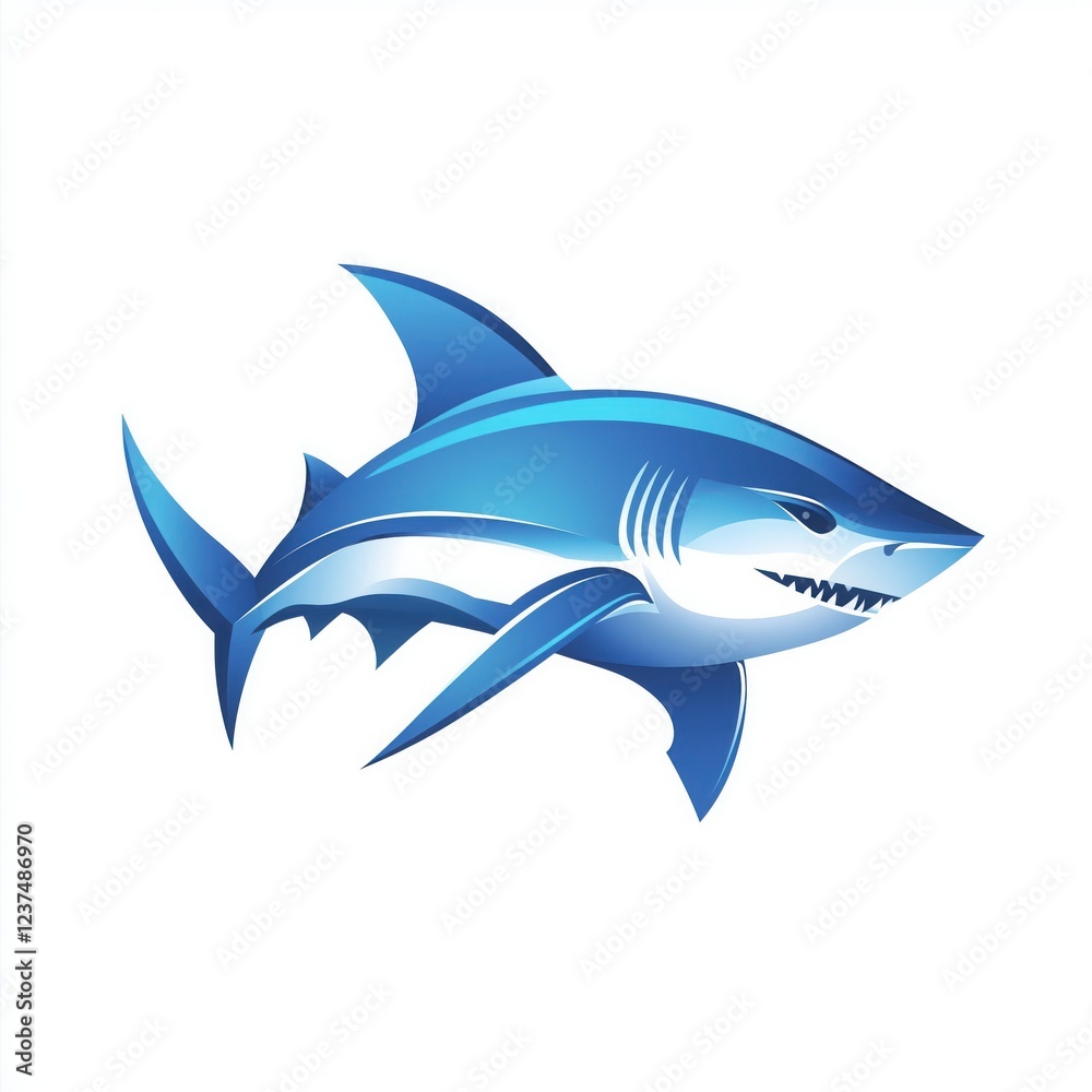 Stylized blue shark illustration, aggressive design, sharp fins and teeth, white background
Stylized blue shark illustration, aggressive design, sharp fins and teeth, white background