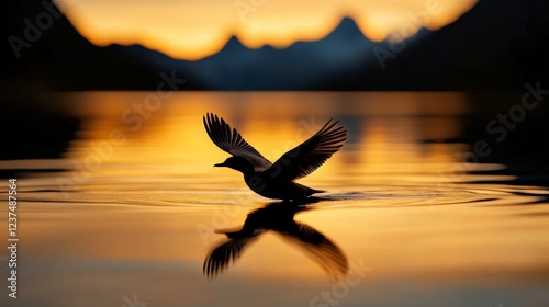 Golden Hour Flight: A solitary bird takes flight against a backdrop of fiery orange and purple hues, reflecting off the surface of a tranquil lake.