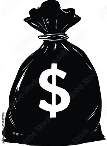 Vector silhouette illustration of a black money bag with a white dollar sign, tied top, and smooth shading