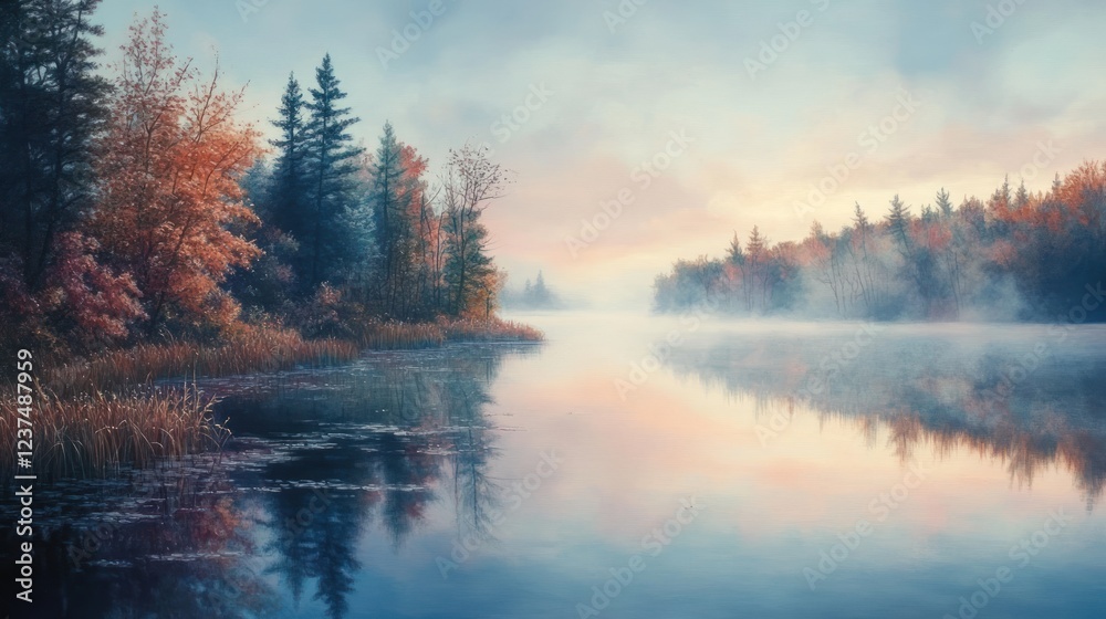 Fototapeta premium Serene Autumn Dawn: Misty Lake Reflections
