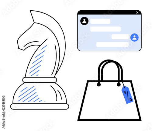 Chess knight represents strategy chat window depicts communication shopping bag symbolizes commerce. Ideal for business strategy, digital communication, online shopping, retail marketing, customer