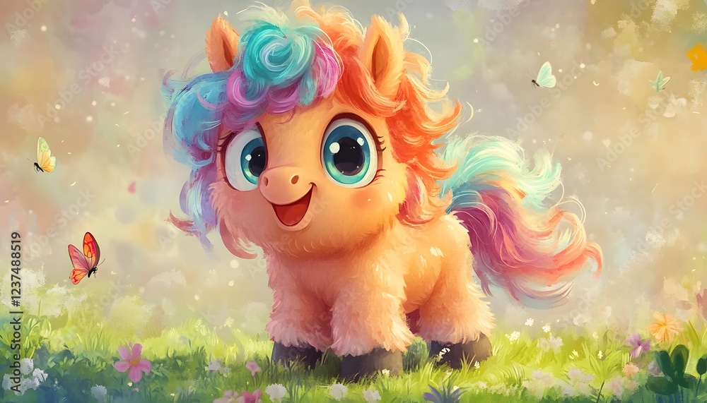 Naklejka premium Happy Pastel Pony in a Spring Meadow