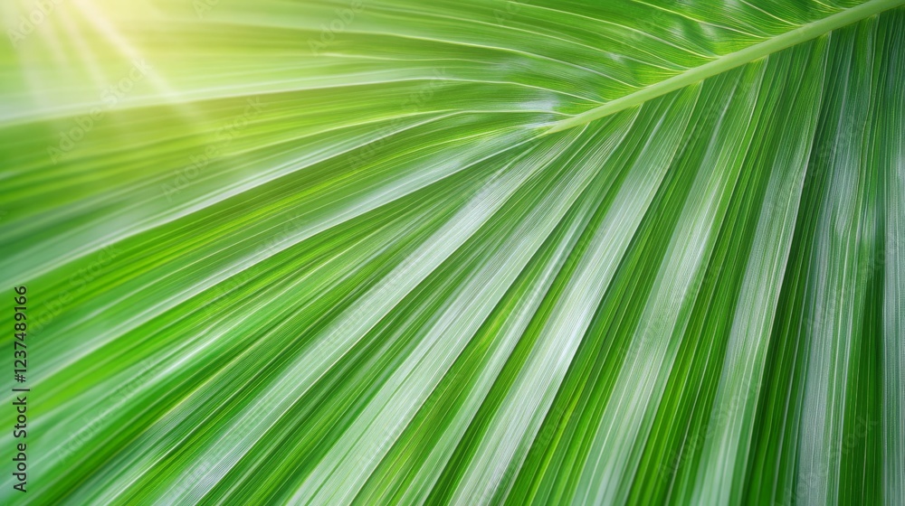 Sunlit Tropical Palm Leaf Texture Close-up, Vibrant Green, Natural Background, Ideal for Design Sunlit Tropical Palm Leaf Texture Close-up, Vibrant Green, Natural Background, Ideal for Design