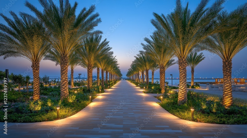 Serene Twilight Promenade: Palm Trees and Coastal Calm Serene Twilight Promenade: Palm Trees and Coastal Calm