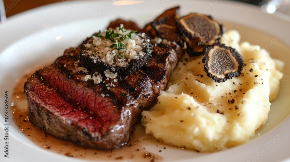 Gourmet Steak Dinner: Pan-Seared Filet Mignon with Truffle, Mashed Potatoes, and Herb Garnish Gourmet Steak Dinner: Pan-Seared Filet Mignon with Truffle, Mashed Potatoes, and Herb Garnish